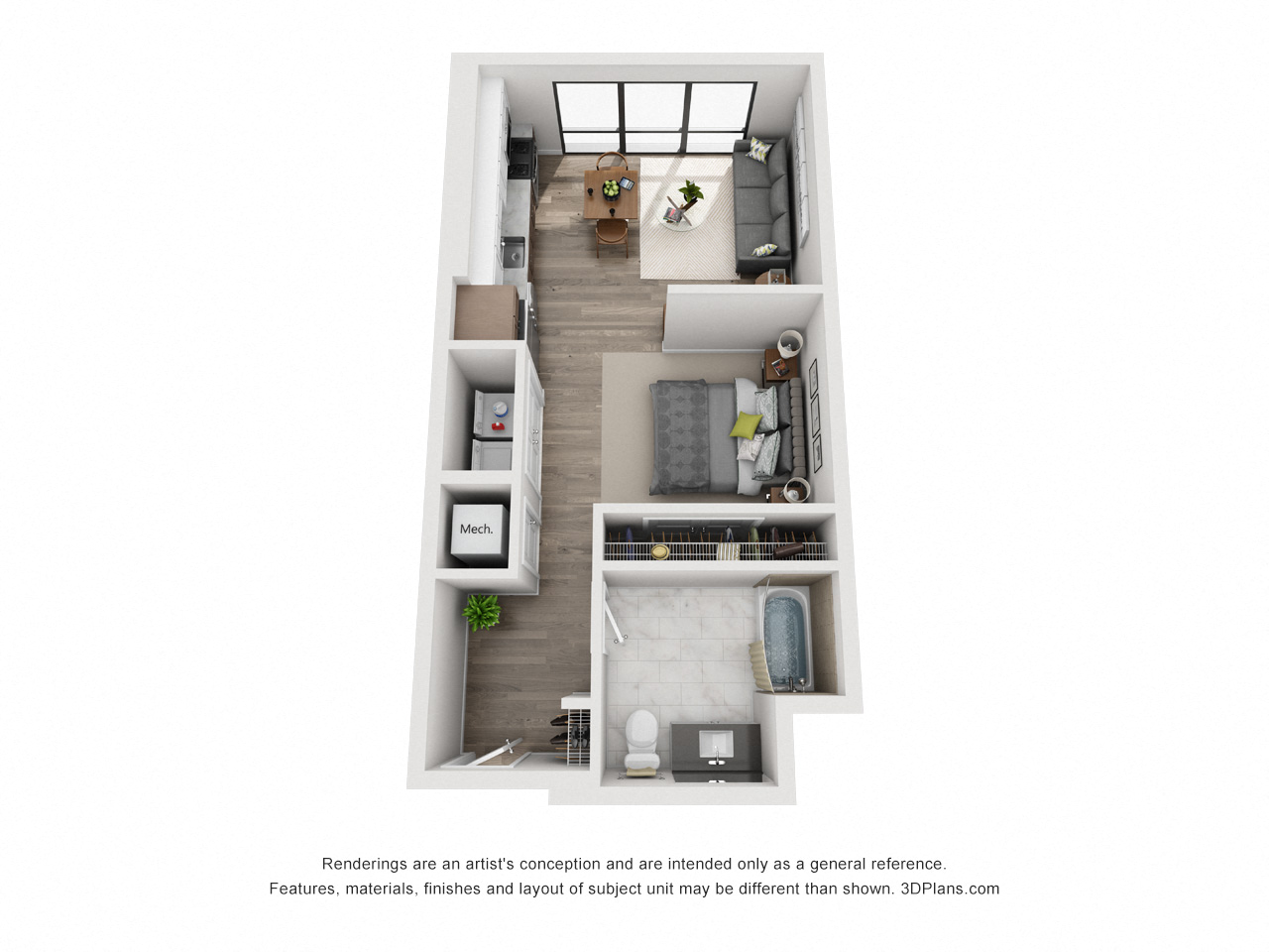 Floor plan for studio, 1 bath, 580 sqft